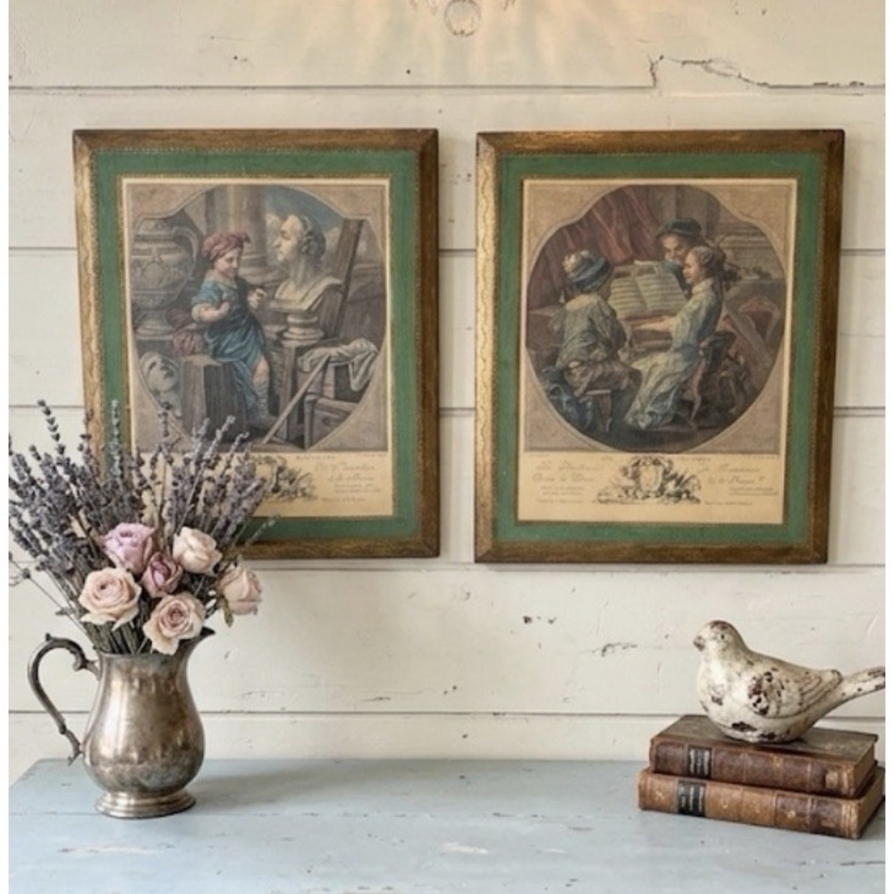 Ornate Vintage Gold & Green Wood Art Set of 2 Mid-Century French Italy Decor